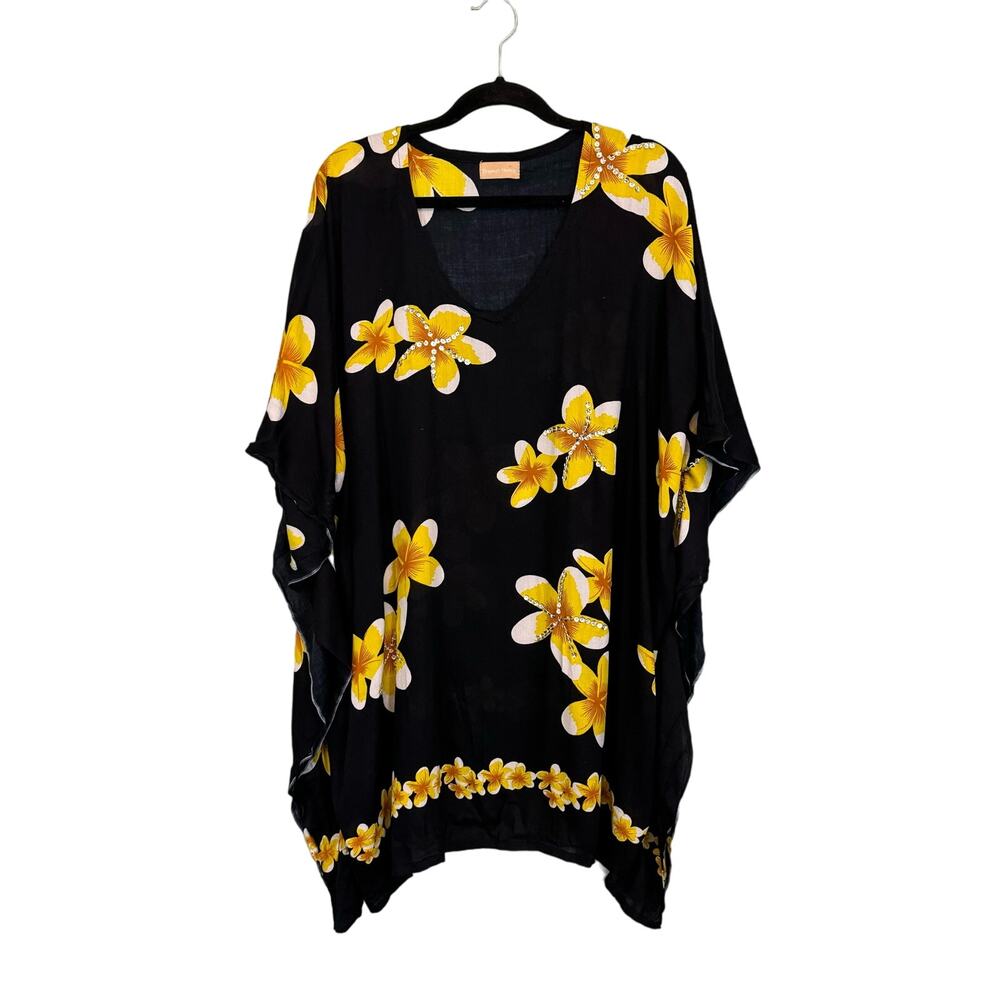 Bermuda Trader Swimwear Cover Up Kaftan Dress OS Navy Plumeria Floral Swim Beach